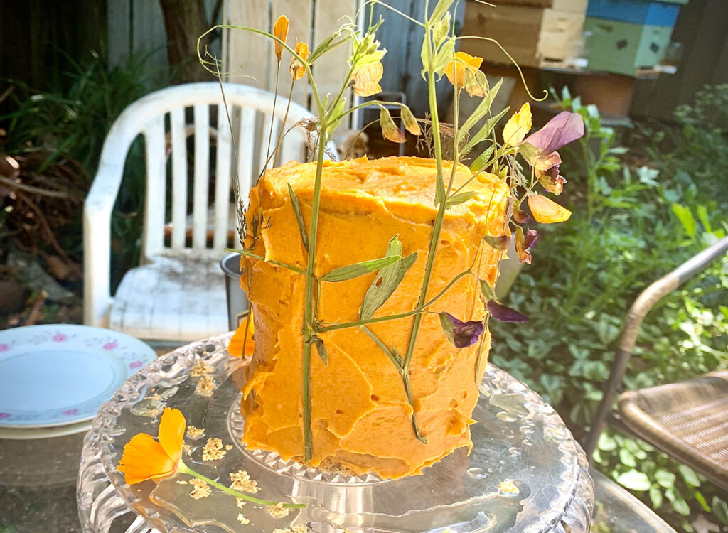 California Poppy Seed Pound Cake with Elderflower glaze for Starhawk’s 69th!